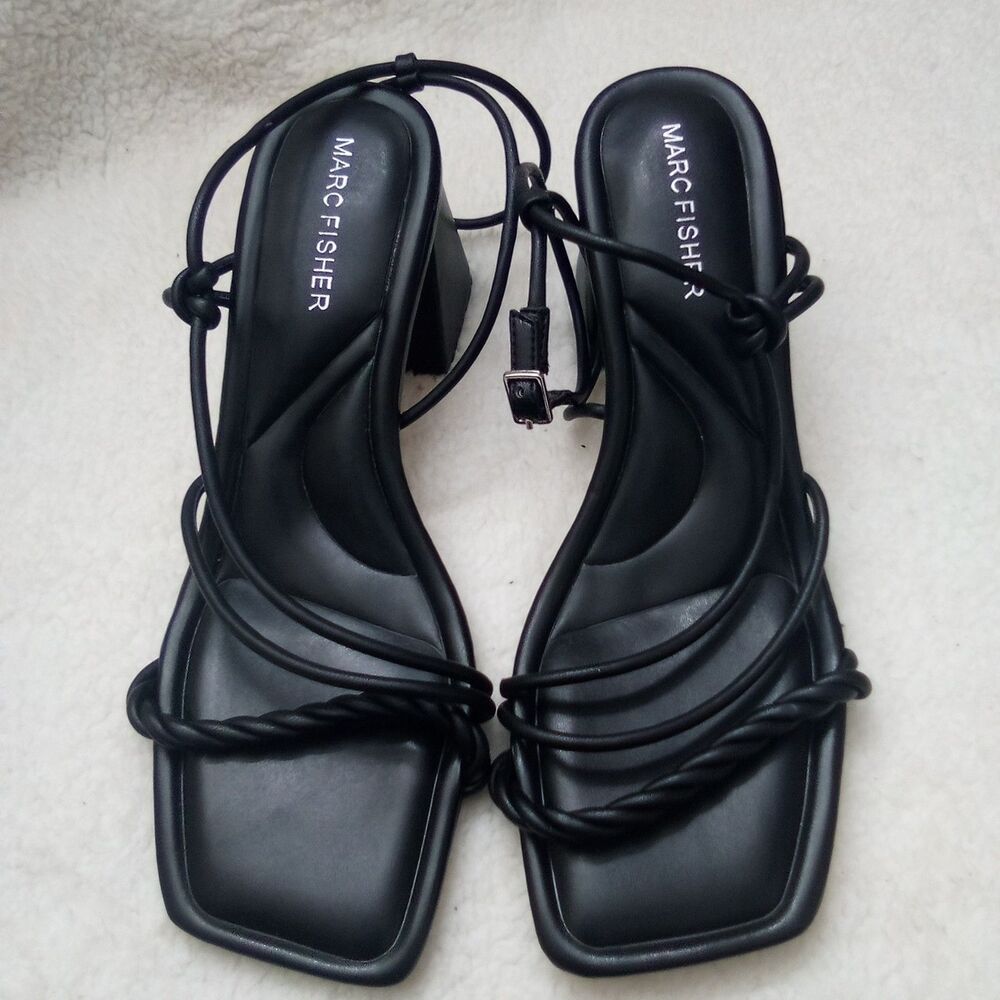 Marc Fisher Meggiane Black Strappy Heels Square Toe Block Heel Sandals Size 7.5